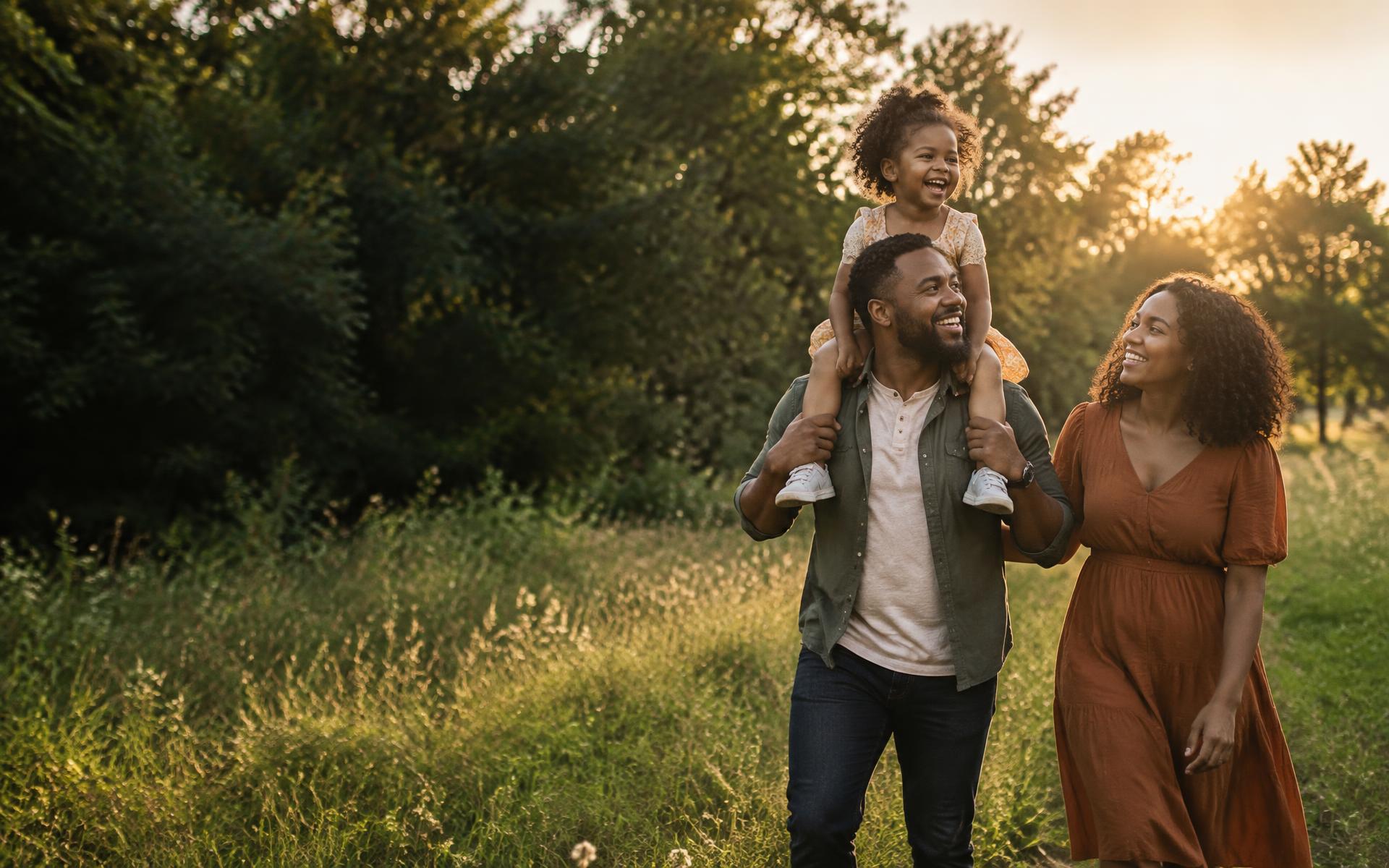 A joyful family walking together in golden sunlight